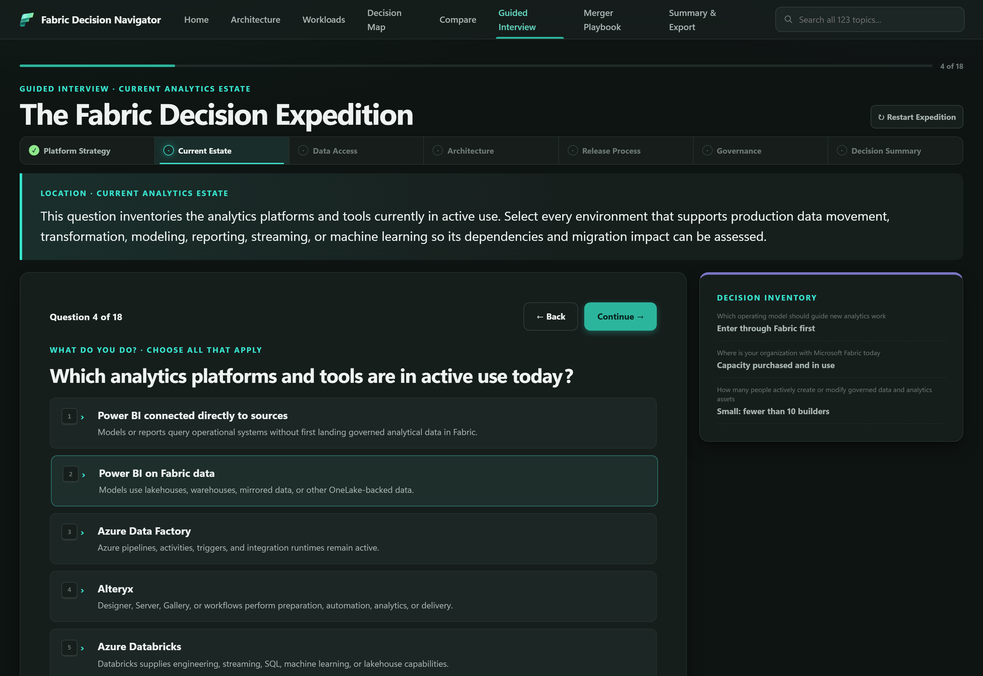 The Guided Interview tab showing question 4 of 18, with a progress bar, seven location tabs across the top, a location context panel, a numbered list of answer choices each with an explanation, and a Decision Inventory panel on the right.