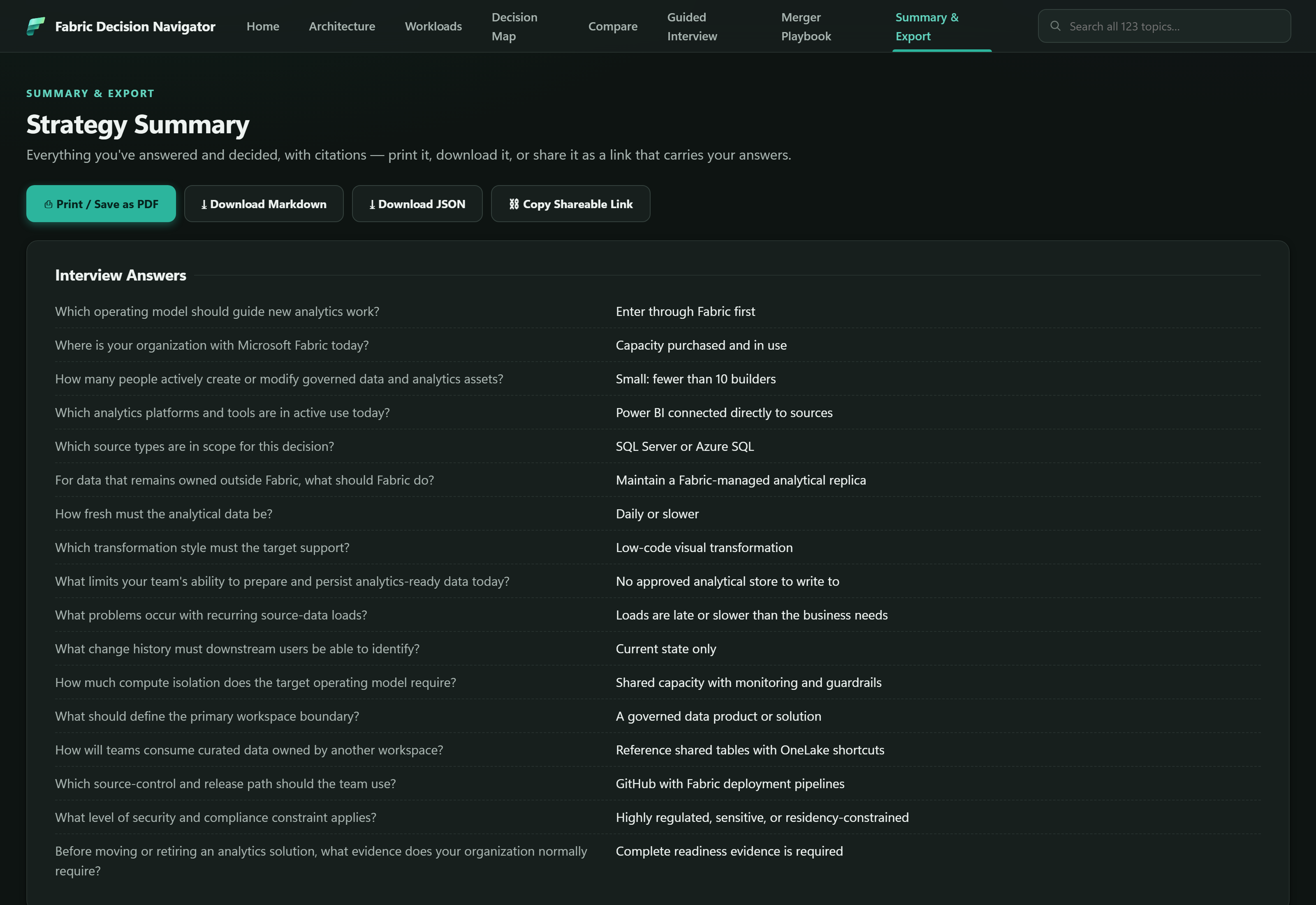 The Summary and Export tab showing four export buttons - Print or Save as PDF, Download Markdown, Download JSON and Copy Shareable Link - above an Interview Answers table pairing seventeen questions with the answers selected for each.