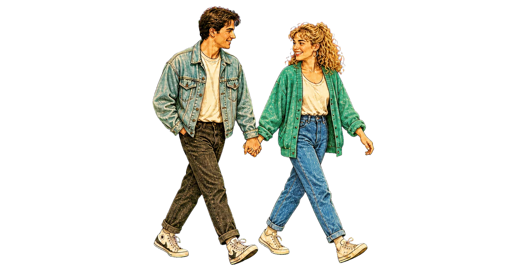 A young couple from the early 1990s walking hand in hand
