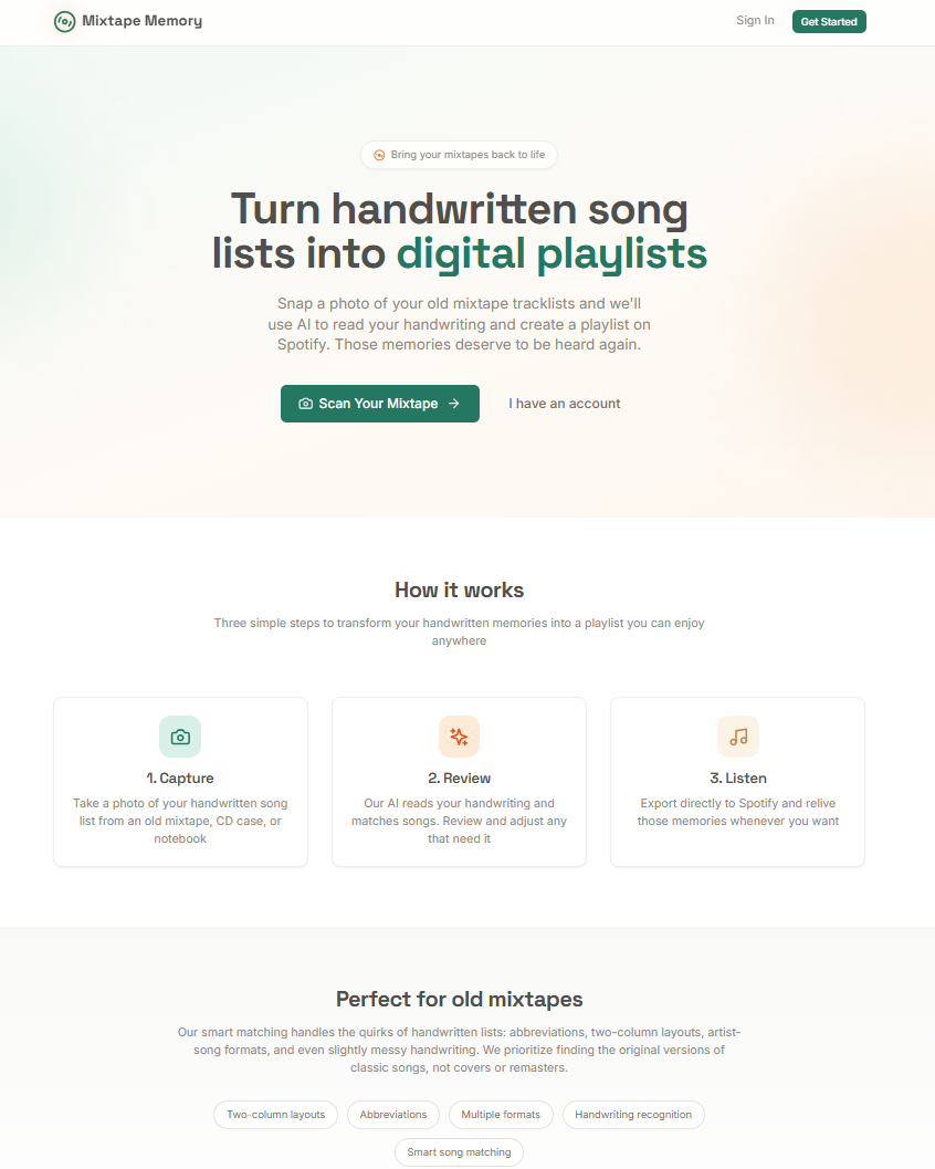 Mixtape Memory landing page explaining capture, review, and listening