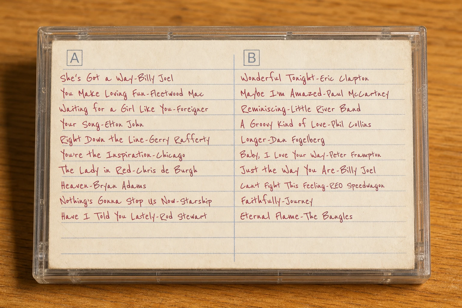 A clear cassette case holding a handwritten Love from Me to You tracklist with ten songs on each side