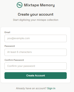 Mixtape Memory account creation screen