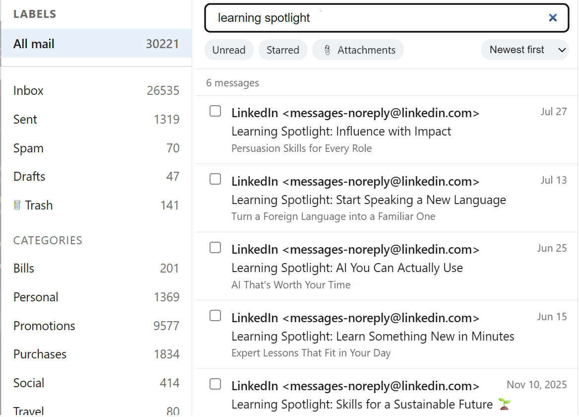 Neon Mail showing the label sidebar with All mail at 30,221 messages, Gmail categories beneath it, a full-text search, filter chips for unread, starred and attachments, a sort dropdown, and the matching message list.